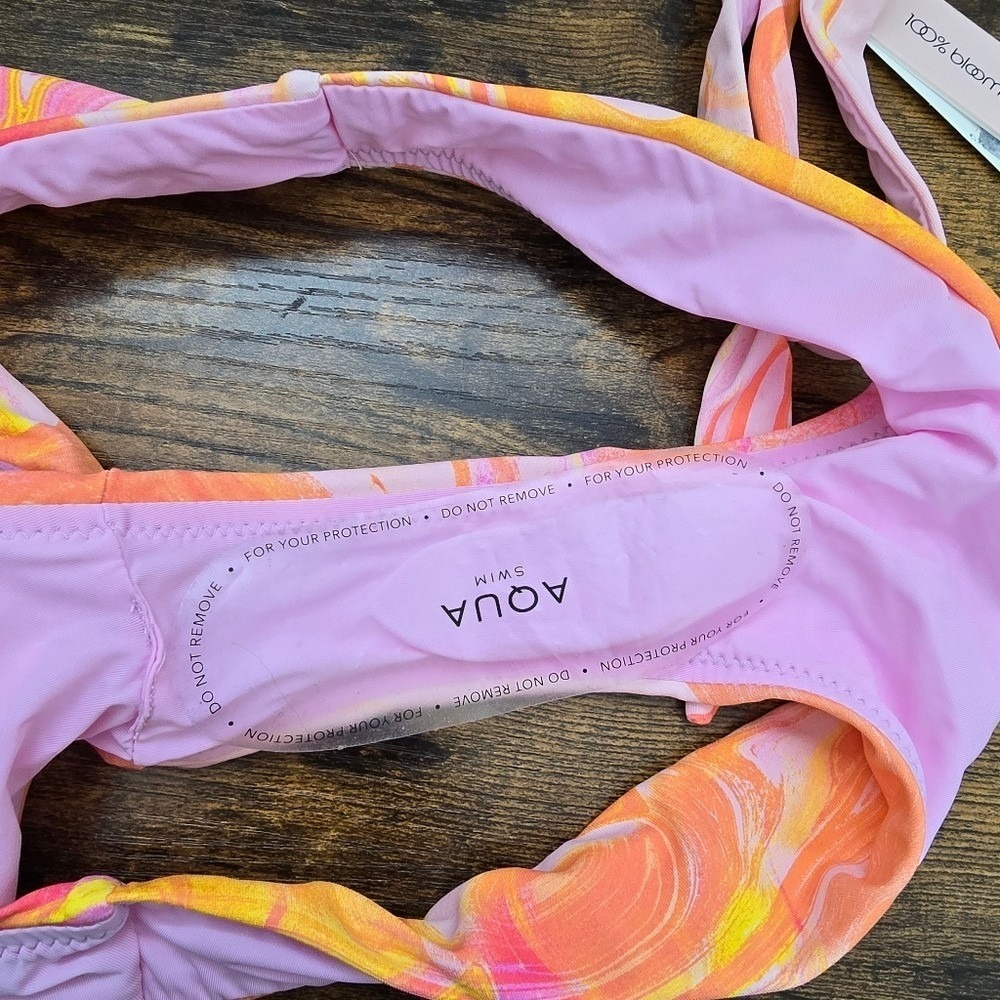AQUA Pink Orange White Swirl One Shoulder Bikini Top Bottom Set Medium - Picture 6 of 8